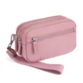 Pink nylon quilted wrist wallet phone bag with multiple zipper compartments and hand strap. - Pink