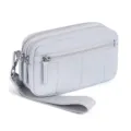 Detailed view of the multi-zipper light grey wrist pouch, highlighting fine stitching. - Light Gray