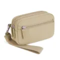 Beige nylon multi-zipper wrist wallet detail, compact phone pouch with wrist strap. - Khaki