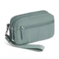 Detail view of the multi-zipper green nylon wristlet phone bag with durable hardware and strap. - Green
