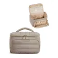 Quilted travel cosmetic bag with large capacity, wide opening, and portable handle for daily use. - Khaki