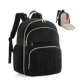 Black quilted diaper backpack detail showcasing durable fabric, gold zippers, and organized interior. - Black