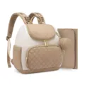 Vue détaillée du sac à dos à langer matelassé avec tapis de change et pochette en beige. - Beige + Kaki