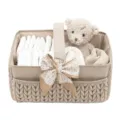 Panier organisateur de couches pour bébé avec poignées, ours en peluche et compartiments de rangement. - Kaki