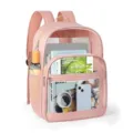Pink transparent PVC backpack detail view, durable school bag with reinforced straps. - Pink