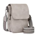 Detailed view of grey PU leather crossbody bag, stylish geometric strap, metal hardware. - Gray