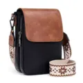 Stylish PU leather crossbody bag with ethnic pattern strap, casual daily shoulder messenger bag. - Black Brown