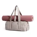 Women Puffy Quilted Gym Duffel Bag Details View with Pink Yoga Mat on Top Light Beige - 43×22×19 cm / Camel 2