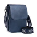 Stylish blue PU leather women crossbody bag with ethnic pattern wide strap for daily commute. - Dark Blue