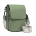 Green PU leather crossbody shoulder bag detail with wide geometric pattern strap and side zip. - Green