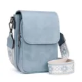 Blue PU leather crossbody bag with wide patterned strap, compact commuter shoulder bag for women. - Light Blue