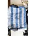 Large striped beach tote bag with mesh side pockets for outdoor travel and storage use. - Blue Stripe