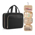 Black quilted hanging toiletry bag with large capacity and multi-layer compartments for travel. - Black