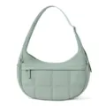 Detail view of the sage green quilted hobo shoulder bag with grid stitching and front pocket. - Light Green