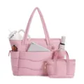 Stylish pink quilted tote bag large capacity casual travel shoulder bag with mini pouch - Pink