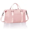 Pink travel duffel bag detail, waterproof fabric, durable handles, metal hardware, daily use. - Lotus Pink