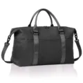 Detailed view of large capacity waterproof travel duffel bag showing durable handle design. - Black