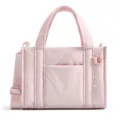 Pink puffer tote bag detail, lightweight quilted crossbody handbag with sturdy handles. - Lotus Pink