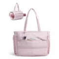 Pink quilted tote bag detail showing front pocket and yoga mat holder design for daily gym use. - Lotus Pink