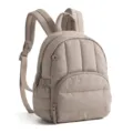 Mini quilted backpack detail showcasing waterproof nylon fabric, vertical stitching and pocket. - Camel