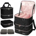 Multi-layer nail polish storage bag with large capacity, geometric pattern and pink interior. - Black