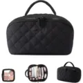 Black quilted nylon cosmetic bag with handle and multi-compartment storage organizer - 24.89 x 13.97 x 13.97 cm / Black