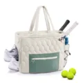 Quilted tennis tote bag for women sports shoulder bag with racket compartment and shoe pouch - Off White