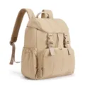 Detail view of a stylish quilted beige backpack with buckle straps and front pocket. - Khaki