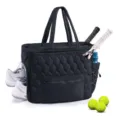 Black quilted tennis tote bag with racket holder shoe compartment for women sports - Black