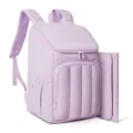 Gros plan détail du sac à dos à langer matelassé violet clair avec coussin à langer. - Mauve Clair