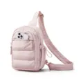 Pink puffer sling bag for women, stylish mini crossbody travel daypack with front phone pocket. - Pink
