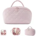 Pink Quilted Cosmetic Bag Large Capacity Travel Makeup Pouch with Handle and Compartments - 24.89 x 13.97 x 13.97 cm / Pink