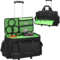 Rollable cable storage bag with telescoping handle and bright green compartments for gear and cords. - Black