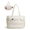 Quilted puffer tote bag for women, large capacity casual shoulder bag and handbag with pockets. - Off White