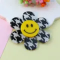 Black white houndstooth acrylic flower pendant with yellow smiley face for DIY jewelry. - 48mm / Black and White