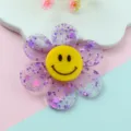Acrylic flower pendant with yellow smiley face, sparkling purple glitter DIY jewelry charm. - 43mm / Purple