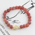Red cracked agate beaded stretch bracelet with cute turtle charm for women daily fashion jewelry - Weathered Stone Style