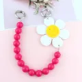 Acrylic smiley face flower phone chain pink beaded bag strap charm phone case pendant accessory - Rose Red