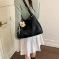 Casual black PU leather shoulder bag large capacity commuter tote with cute bear pendant - With Pendant / Black