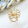Gold rhinestone flower scarf ring, elegant zinc alloy pearl shawl buckle for women. - Gold