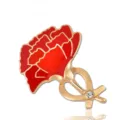 Elegant red enamel carnation brooch pin with gold plated finish and sparkling crystal accent gift. - Red