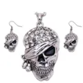 Punk Skull Rhinestone Pendant Necklace Earrings Set Gothic Halloween Jewelry Gift For Women - Antique Silver