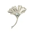Silver ginkgo leaf brooch with shining pearl and rhinestones elegant jewelry accessory - Silver