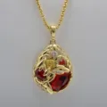 Gold-plated crystal long necklace pendant with red stone and leaf design for women sweater chain - Red