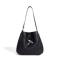 Black genuine leather shoulder bucket bag with metal lock closure, minimalist casual crossbody. - Black