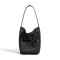 Black woven beach shoulder bucket bag, large capacity leather strap casual purse. - 19x16x28cm / Black