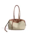 Canvas and leather patchwork boston bag, casual large capacity shoulder crossbody bag. - 30*12*17cm / Brown