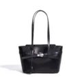 Black leather tote bag women large capacity shoulder bag classic commute elegant design bag. - Black