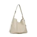 Beige minimalist genuine leather hobo shoulder bag with slouchy bucket design and strap. - 30 x 27 x 12cm / Off White