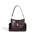 Dark brown leather shoulder bag, chic minimalist bucket crossbody bag for daily women commute. - Warm Coffee